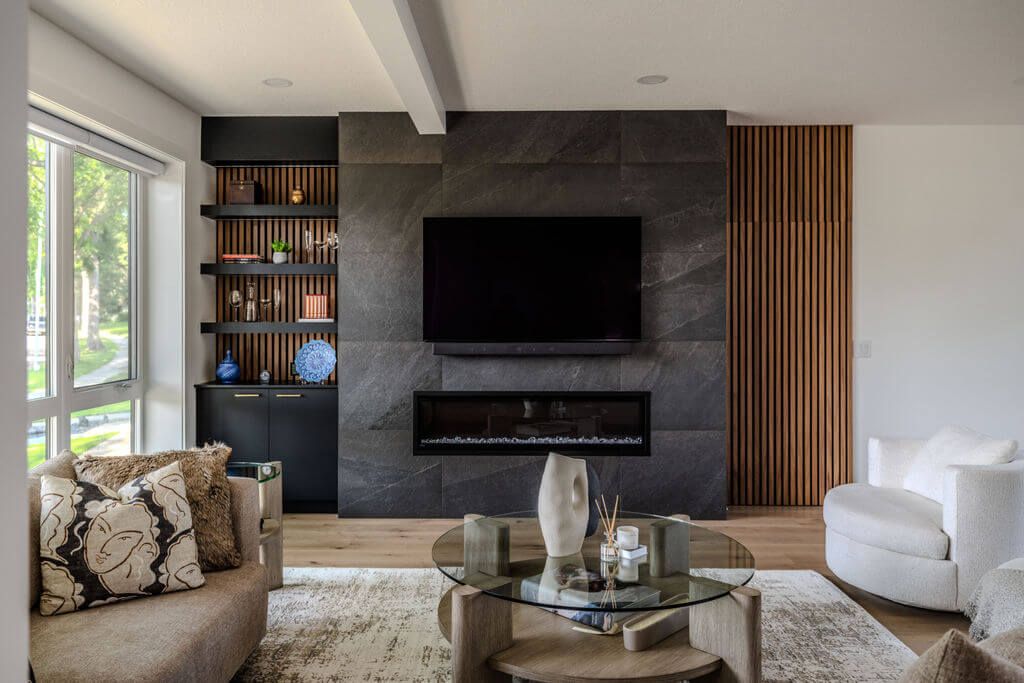 Modern living room with a custom beige sectional and elegant decor.