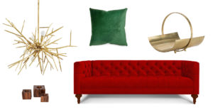 Baxter sofa by Jonathan Adler, Emerald cushion by Jonathan Adler, Cabin Arteriors Dolan Magazine Rack, Global views cabin lingam wooden base accessories, Cabin Arteriors Locust thorn Chandelier. Available at Cottswood Interiors
