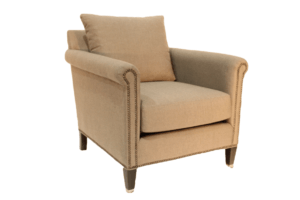 Havenwood beige fabric chair with metal arm details and wooden legs available at Cottswood Interiors