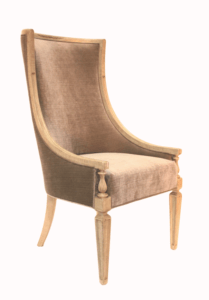 Matteo Host suede chair with wooden legs and dark suede fabric available at Cottswood Interiors
